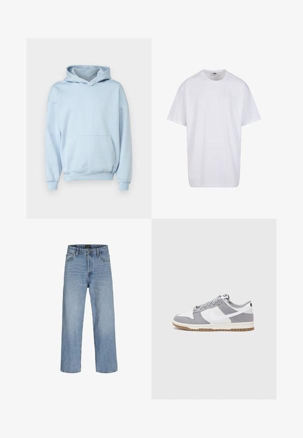 Only & Sons ONSCONNOR - Hoodie - skyway; Witte katoenen t-shirt met korte mouwen, ronde hals, relaxte pasvorm en zonder zichtbare logo's of patronen. Gladde textuur en minimalistisch ontwerp.; Lichtblauwe denim jeans met een hoge taille, rechte pijpen, vijf zakken en een knoopsluiting. Klassieke wassing met minimale slijtage.; Nike sneakers hebben een bovenzijde van grijs suède en wit leer met perforaties, ronde veters en een gum zool voor grip.