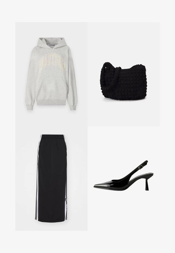 Graue Kapuzenjacke aus einem Baumwoll-Mix. Mit großem, in hellcreme gesticktem "HEARTBEAT"-Logo. Kängurutasche und gerippte Bündchen.; Schwarzer Sportrock mit weißen Seitenstreifen, elastischem Bund und Logodetail. Hergestellt aus atmungsaktiven Materialien, knielanges Design.; Schwarze Lackleder Slingback-Pumps mit spitzem Zeh, ausgeschnittenen Seiten, verstellbarem Knöchelriemen und einem dünnen, eleganten Absatz.; Schwarze Stofftasche mit einer strukturierten, gesteppten Oberfläche. Abgerundete Form, kurze, dicke Griffe und eine weiche, flexible Struktur.