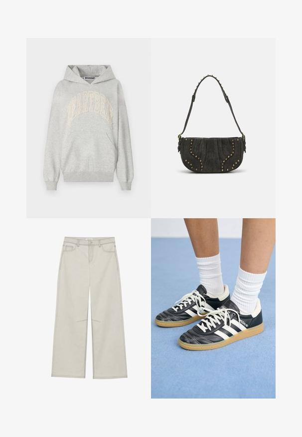 Pelēks džemperis, izgatavots no kokvilnas un sintētisko šķiedru maisījuma. Tam ir liels izšūts "SIRDS RITMS" logo gaiši krēmkrāsā. Sprādzes kabata un ribotas piedurknes.; Gaiši pelēkas platās bikses ar piecām kabatām, priekšējo pogu aizdari un kontrastējošiem šuvju ieliktņiem. Audums izskatās mīksts un izturīgs.; Melnas ādas sporta apavus ar baltām svītrām, apaļu purngalu, baltām auklām un gumijas zoli. Izceļas ar mīksto apkakli un zīmola detaļām.; Melna zamša soma ar izliekumu, ar kniedēm un teksturētu virsmu. Regulējams siksna ar izšuvumiem gar maliņu.