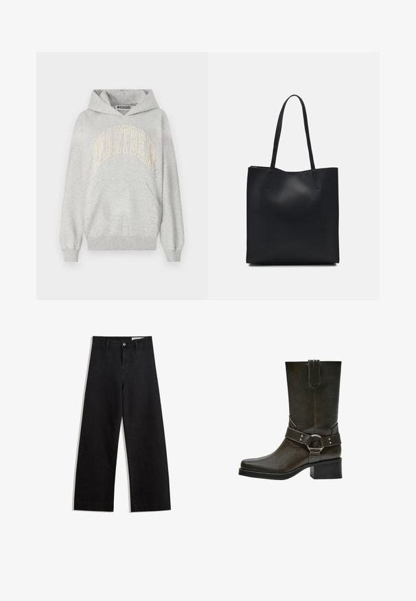 Gray hoodie made of cotton-blend fabric. Features a large "HEARTBEAT" logo embroidered in light cream. Kangaroo pocket and ribbed cuffs.; Black wide-leg denim pants with a high waist, featuring front and back pockets, stitched seams, and a button closure. Smooth texture.; Brown leather ankle boot with a square toe, short block heel, and decorative buckle strap with silver hardware. Smooth texture, simple design.; Black leather tote bag with smooth texture, rectangular shape, and two long handles. No visible hardware or embellishments.