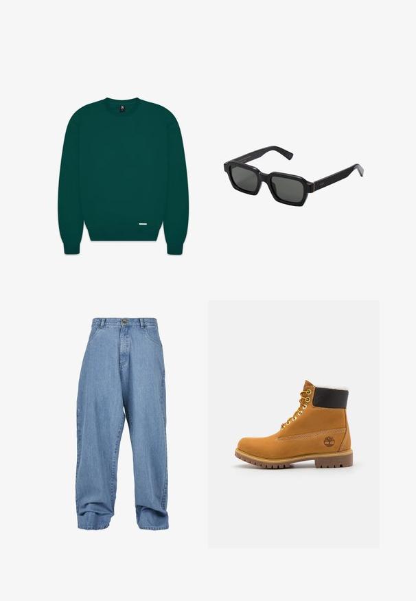 Sudadera de cuello redondo verde oscuro, mezcla de algodón, con puños y dobladillo acanalados, diseño minimalista con una pequeña etiqueta de logo en la parte inferior izquierda.; Polo blanca de algodón. Con un cuello clásico, tapeta de tres botones y mangas cortas. Logo sutil bordado en el pecho.; Pantalones de mezclilla en azul claro con un corte holgado, cierre de botón, bolsillos frontales y dobladillo con puño, que cuentan con un diseño clásico de cinco bolsillos.; Botín de cuero marrón con ojales de metal, forro de piel sintética blanca, cuello acolchado negro, suela resistente y logotipo en relieve en el costado.; Gafas de sol negras, con forma cuadrada y lentes grises. Las gruesas monturas de plástico presentan detalles en dorado y la marca en la patilla. Textura suave.