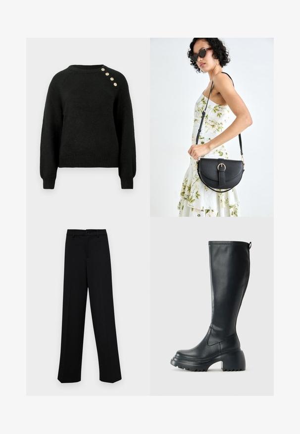 Pull noir en tricot avec manches longues, ourlet côtelé et encolure ronde. Dispose de quatre boutons décoratifs sur l'épaule gauche.; Pantalons larges noirs en tissu lisse, avec une taille classique à fermeture à bouton et des plis sur le devant.; Botte en cuir noir haute avec semelle plateforme épaisse et talon carré, dotée d'une languette et d'un motif texturé sur la semelle extérieure.; Sac à main en cuir noir avec une forme courbée, bandoulière amovible et des accessoires en or. Le sac est doté d'un rabat avec un détail de boucle.