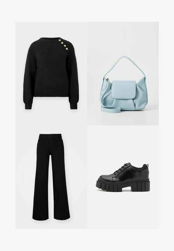 Maglione nero lavorato a maglia con maniche lunghe, orlo a coste e scollo rotondo. Presenta quattro bottoni decorativi sulla spalla sinistra.; Pantaloni neri a gamba larga in denim, con una vita strutturata, passanti per la cintura e tasche frontali. Texture liscia con un design classico.; Scarpe platform in pelle nera con tacco a blocco robusto, punta rotonda e design tradizionale con lacci. Presentano una superficie liscia e dettagli minimi.; Borsa a mano in pelle blu chiaro con manico superiore, tasca con pattina frontale e tracolla rimovibile su sfondo bianco.