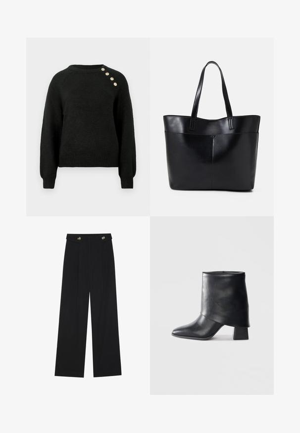 Black knitted sweater with long sleeves, ribbed hem, and a round neckline. Features four decorative buttons on the left shoulder.; Black wide-leg trousers with high waist, button details on waistband, and front pleats.; Black leather ankle boot with a pointed toe, smooth texture, and a structured block heel. Features a high, folded cuff design.; Black leather tote bag with two long handles, a smooth texture, and a structured shape. Features a front pocket for additional storage.