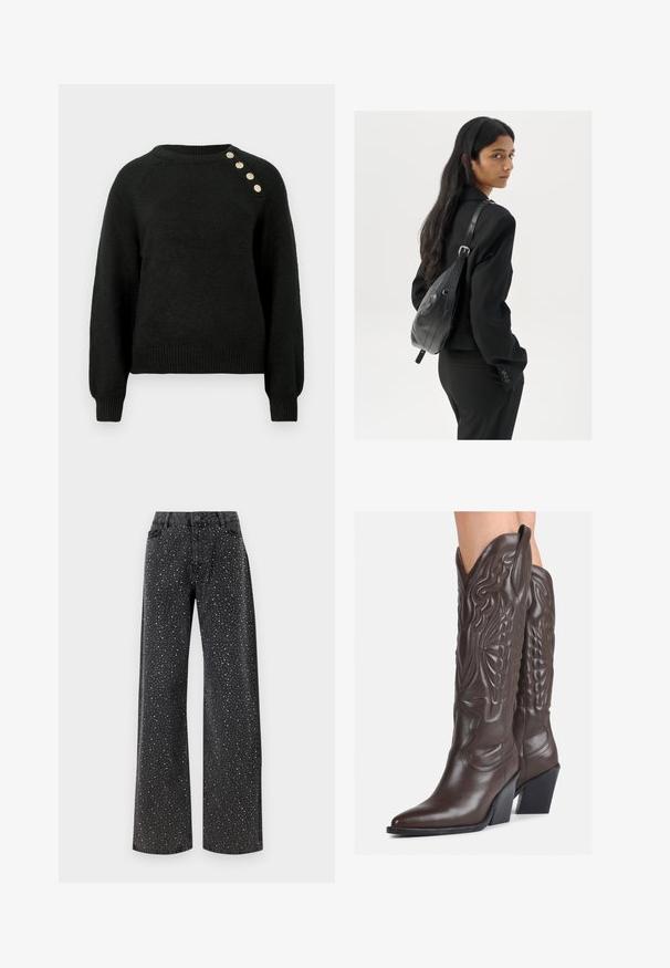 Maglione nero lavorato a maglia con maniche lunghe, orlo a coste e scollo rotondo. Presenta quattro bottoni decorativi sulla spalla sinistra.; Noisy May NMJANNEL LOOSE - Jeans baggy - black denim; Stivali da cowboy in pelle marrone con punta affusolata e tacco a blocco, caratterizzati da dettagliati ricami e accenti rialzati sul gambale.; Donna con lunghi capelli scuri, vestita con un completo nero, che porta una borsa a tracolla in pelle nera, mentre guarda oltre la spalla su uno sfondo bianco.; Orecchini a cerchio in argento con un design minimalista. Forma circolare, superficie liscia e profilo sottile. Leggeri con una finitura lucida.
