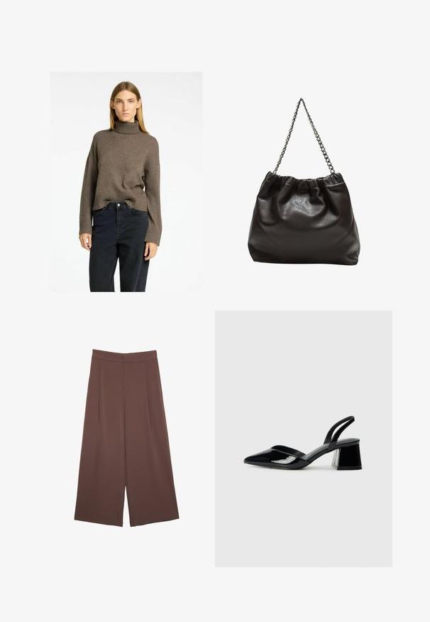 Rjav pulover s turtleneck ovratnikom in rebrastim robom ter širokimi rokavi, v kombinaciji s temnimi hlačami z visokim pasom. Mehka, teksturirana pletenina.; Rjave široke hlače z gladko teksturo, ki imajo visok pas in sprednje naborke. Tkanina je lahka in prosto pada.; Črne lakirane slingback pete s koničastim nosom in geometrijsko blokasto peto. Imajo eleganten, minimalističen dizajn in gladko teksturo.; Rjava usnjena torba z nabranim vrhom in verižnim trakom. Gladka tekstura z sijajno površino in subtilnimi šivi na straneh.