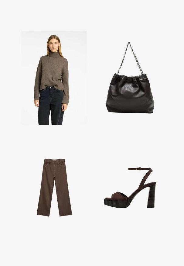 Smeđi pulover s rolkom, s rebrastim donjim dijelom i širokim rukavima, uparen s tamnim trapericama visokog struka. Mekani, teksturirani pleteni materijal.; Proširene smeđe traperice od denima, s visokim strukom, prednjim džepovima i klasičnom kopčom na dugme. Glatka tekstura s suptilnim šavovima.; Smeđe zamšaste sandale s visokim potpeticama, otvorenim prstima, podesivom trakicom oko gležnja i prugastom platformom.; Smeđa kožna torba s naboranim vrhom i lančićem za nošenje. Glatka tekstura s sjajnim završetkom i suptilnim šavnim detaljima sa strane.