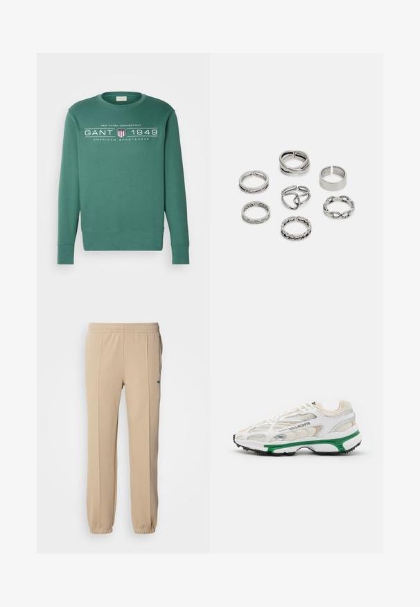 Felpa verde di cotone con maniche lunghe, scollo a giro, e grafica stampata che presenta testo, uno scudo e strisce sul davanti.; T-shirt bianca in cotone con colletto girocollo e maniche corte, caratterizzata da un sottile logo "Joop!" impresso sul petto e un orlo dritto.; Lacoste Pantaloni sportivi - viennese; Sneaker bianco con accenti verdi e suola in gomma nera. Presenta pannelli in rete e sintetici, con una finitura testurizzata e cuciture visibili.; Set di sette anelli in argento con diversi design, tra cui motivi attorcigliati, collegati e incisi. Diverse forme e larghezze.