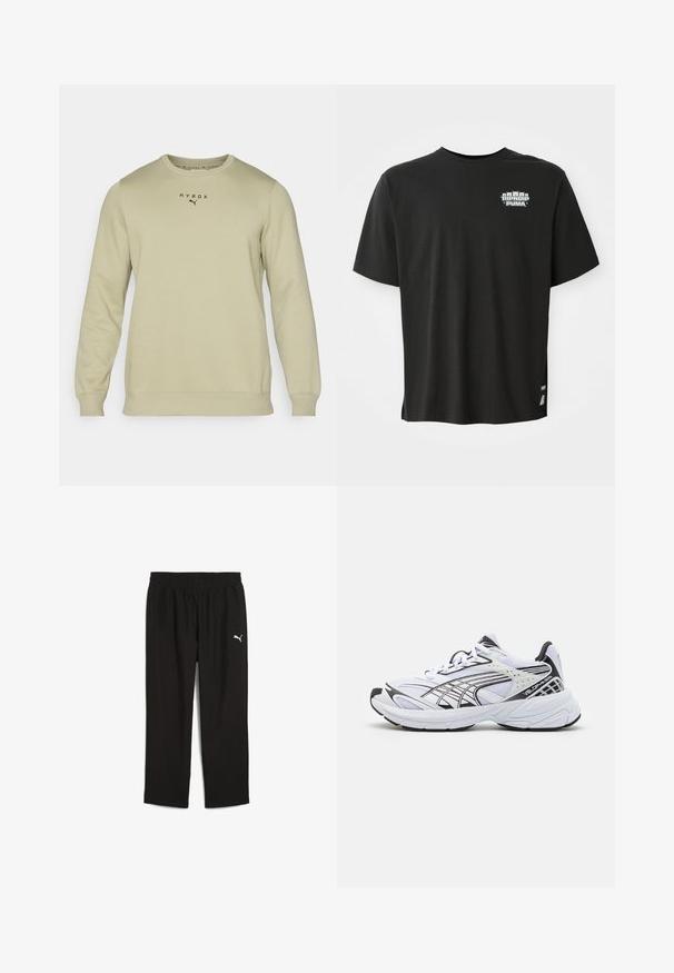 Sudadera verde claro de manga larga, con cuello redondo y puños acanalados. Presenta "HYROX" y un logo de Puma en negro en el pecho. Textura suave.; Camiseta negra de manga corta con pequeño texto "RIPNDIP PUMA" y un gráfico de cinco cabezas de gato en la parte superior izquierda del pecho.; Pantalones deportivos negros con cintura elástica, fabricados en material ligero. Presentan un pequeño logo de Puma en blanco en el lado izquierdo.; Zapatilla deportiva blanca con detalles negros. Parte superior de malla y sintético, suela gruesa y diseño curvado. Cuenta con cordones en la parte delantera y detalles del logo.