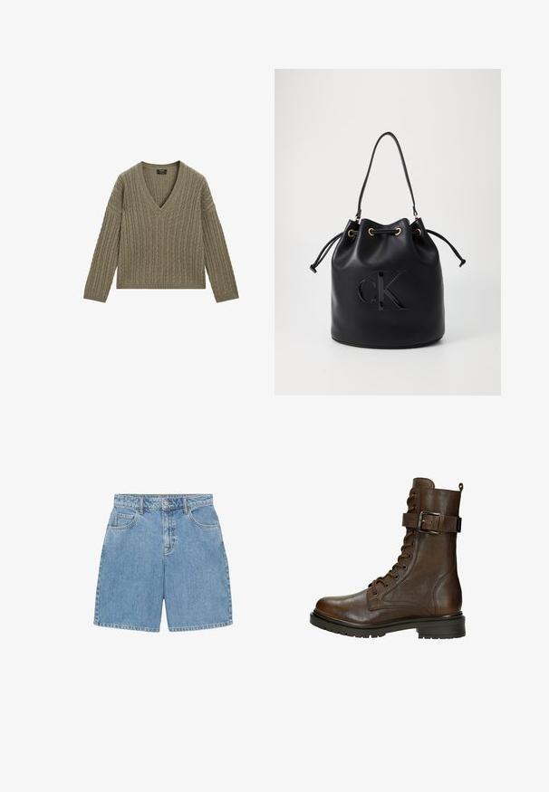 Olijfgroen V-hals trui met een geribde textuur en kabelbreisel. Heeft lange mouwen en een cropped lengte.; Lichtblauwe denim shorts met een hoge taille, vier zakken en zichtbare stiksels. Gemaakt van gestructureerde denimstof.; Bruine leren veterschoen tot de enkel met een zijgesp, ronde neus, robuuste zool en stiksels voor extra textuur.; Zwarte leren emmer tas met trekkoord sluiting, voorzien van een glanzend "CK" logo aan de voorkant en gouden hardware accenten.
