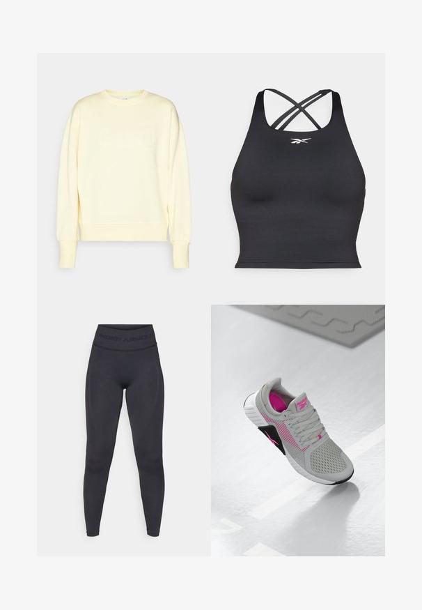 Világos sárga pulóver, puha anyagból, kerek nyakkal, esés vállú fazonban, az elején hímzett "Casall" logóval.; Fekete sportrúha rugalmas anyagból, testhezálló kialakítással, széles pántokkal és keresztpántos hátrésszel. Kicsi, fehér logó elöl.; Fekete leggings magas elasztikus derékkal, amelyen az "UNDER ARMOUR" felirat szerepel. Sima textúra, finom mintázat kiemelésekkel a lábak mentén.; Szürke és rózsaszín Reebok sportcipő, hálós felső résszel és részletes talppal, tükröződő fehér felületen kiállítva.
