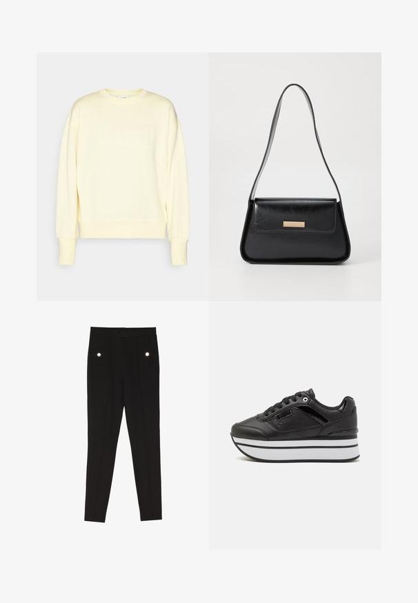 Šviesiai geltona treninginė palaidinė, pagaminta iš minkštos medžiagos, su apvaliu kaklu, nusileidusiomis pečių linijomis ir išsiuvinėtu "Casall" logotipu priekyje.; Juodos pritaikytos kelnės su lygia tekstūra, turi dvi priekinės kišenes su dekoratyviniais aksesuarais ir siaurą siluetą.; Juodi platform tipo sportbačiai su tekstūruota sintetine medžiaga, balti horizontalūs dryžiai ant vidurinės pado ir juodi raišteliai. Yra subtilūs logotipo akcentai.; Juodas odinis rankinukas, turintis struktūrišką trikampį formą, siaurą dirželį ir auksinės spalvos detales, su logotipo plokšte ant priekinio užtrauktuko.