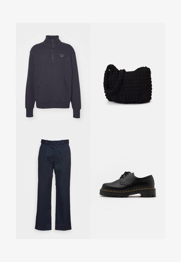 Svart fleece-pullover med hög krage, kvartdragkedja fram och framficka i känguru-stil. Har sydda detaljer och en logotyp på bröstet.; Mörkblå byxor med rak bendesign, tillverkade av ett mjukt tyg, med en standard midjeband och utan synliga mönster eller detaljer.; Svart läder snörsko med rundad tå, texturerad gummisula och gul söm runt basen. Platt design och slät yta.; Svart tygväska med en strukturerad, vadderad yta. Rund form, korta, tjocka handtag och en mjuk, flexibel struktur.