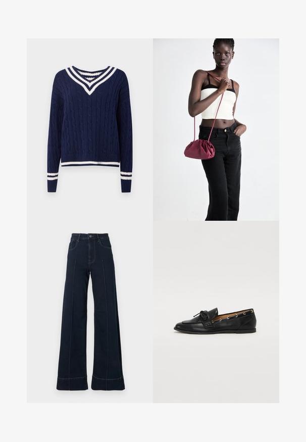 Tengerészkék kötött pulóver fehér csíkozott V-nyakkal, mandzsettával és szegéllyel, hosszú ujjakkal és bordás textúrával.; Sötétkék, bőszárú farmernadrág magas derékkal, elülső zsebekkel és látható varrásokkal. Simaságú denim szövetből készült.; Fekete bőr lófarok cipők, megkötött masnival, arany szemcsés díszítéssel az oldalán és lapos gumitalppal. Simaság, klasszikus dizájn.; Burgundy puha anyagú kézitáska, ráncolt dizájnnal és hosszú pánttal, keresztben hordva. A modellen fehér rövid top és fekete farmer van.