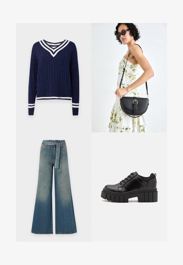 Tengerészkék kötött pulóver fehér csíkozott V-nyakkal, mandzsettával és szegéllyel, hosszú ujjakkal és bordás textúrával.; Bőszárú farmernadrág, világos és sötétkék árnyalatokkal, magas derekú, övgyűrűkkel és a nadrággal megegyező anyagú övvel. Textúrált farmer kivitel.; Fekete bőr platform cipők vaskos blokk sarkakkal, kerek orral és hagyományos fűzős kialakítással. Simára csiszolt felület és minimális részletezés jellemzi.; Fekete bőrtáska ívelt formával, levehető pánttal és arany színű fémrészekkel. A táskán egy csattal díszített fedél található.