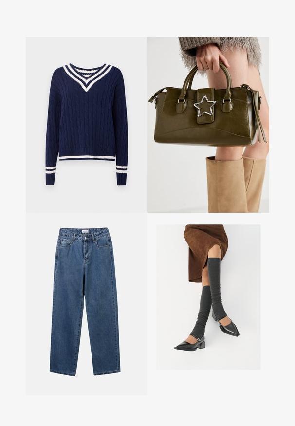 Tamsiai mėlynas megztinis su kabliukų raštu, baltais dryžiais V formos iškirptėje, rankogaliuose ir apvade, su ilgomis rankovėmis ir raukšlėta tekstūra.; Klasikiniai mėlynos džinsinio audinio džinsai su tiesiomis kojomis, penkiomis kišenėmis ir mygtukų uždarymu. Pasižymi vidutiniu skalbimu ir tvirtu audiniu.; Juodi lakuoti odiniai batai su aštriu kuma ir bloko kulnu, derinami su pilkais riebiais kojų šildytuvais ir rudais zomšiniais sijonais.; Alyvuogių žalios spalvos dirbtinės odos rankinė su sidabro žvaigždės akcentu, dviem rankenomis ir užtrauktuko uždarymu. Tekstūruotas paviršius ir struktūrizuota forma.