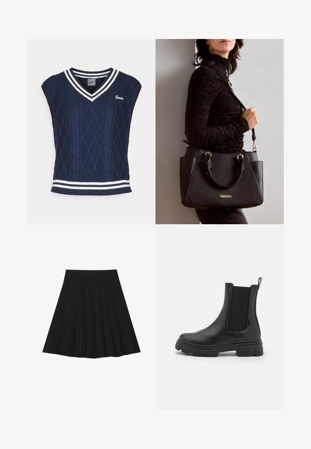 Gilet sans manches en tricot bleu marine avec un décolleté en V, présentant un motif en torsades, des accents de rayures blanches au col et à l'ourlet, ainsi que le logo "Guess".; Jupe plissée noire en tissu texturé avec une taille ajustée. Arrive au genou, présentant une silhouette lisse et épurée.; Botte en cuir noir à la cheville avec des panneaux latéraux élastiques, bout rond et semelle en caoutchouc texturé. Elle dispose d'une poignée à l'arrière pour un enfilage facile.; Sac à main noir avec surface texturée, deux poignées supérieures et bandoulière réglable. Doté de quincaillerie dorée et de poches latérales.