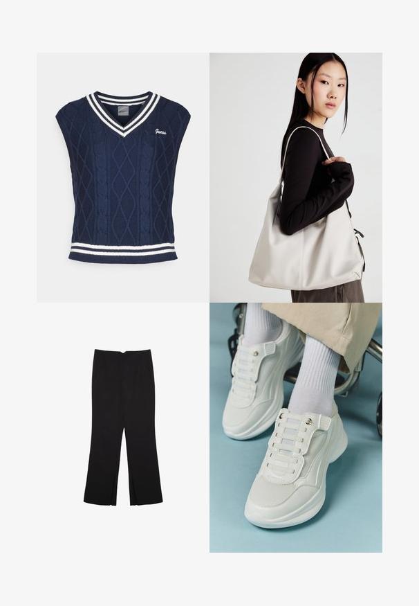 Gilet sans manches en tricot bleu marine avec un décolleté en V, présentant un motif en torsades, des accents de rayures blanches au col et à l'ourlet, ainsi que le logo "Guess".; Pantalon noir avec une coupe droite, doté de poches avant et d'éclairs sur l'ourlet. Fabriqué en tissu doux et lisse. Convient à diverses occasions.; Baskets blanches avec un matériau en maille, semelle en caoutchouc, design sans lacets avec des bandes élastiques et accents dorés.; Sac à main beige en matériau souple, avec un design décontracté, des détails cousus et deux poignées. Idéal pour un usage quotidien.