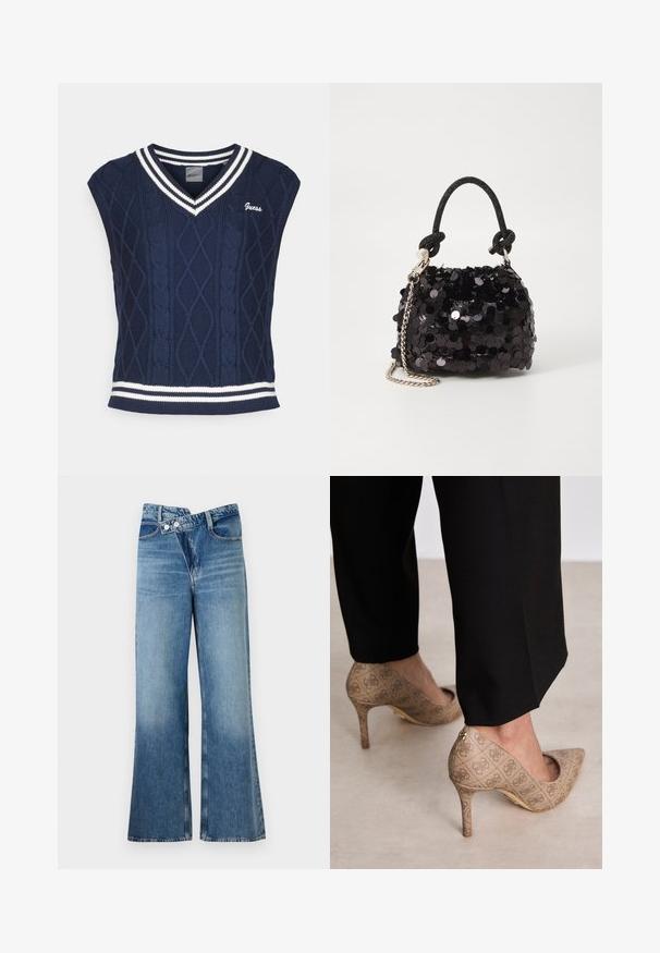 Tamsiai mėlynas megztas rankovių neturintis megztinis su V formos iškirpte, su kabelių raštu, baltomis juostelėmis ant apykaklės ir apatinės dalies, ir "Guess" logotipu.; Šviesiai mėlynos džinsinės kelnes platėjančios apačios, aukštu liemeniu, su dviem saga ir priekinių kišenių detalėmis. Medžiaga turi išblukusį tekstūrą su subtiliais skirtumais.; Smėliniai aukštakulniai bateliai su tekstūruotu audiniu, kuriame yra pasikartojanti tekstūra. Išgaubtas pirštas, su užpakaline akcentu ir auksiniu kulno detaliu.; Juodas blizgučių mini rankinukas su mazguotu tekstūruotu dirželiu ir sidabro grandine. Suapvalinta forma su susiraukšlėtopu ir atspindinčiomis detalėmis.