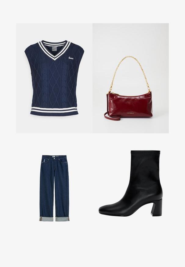 Maglione senza maniche in maglia navy con scollo a V, caratterizzato da un motivo a treccia, dettagli a righe bianche al colletto e all'orlo, e logo "Guess".; Jeans in denim blu scuro con un design a gamba dritta, orli ripiegati, cuciture a vista e uno stile classico a cinque tasche.; Stivaletto nero fino alla caviglia in pelle liscia. Presenta una punta quadrata, un bordo elastico e un tacco robusto per la stabilità. Design minimalista.; Borsa a tracolla in pelle borgogna con una texture liscia, tracolla in catena dorata e chiusura con zip. Logo impresso sul davanti. Design compatto.