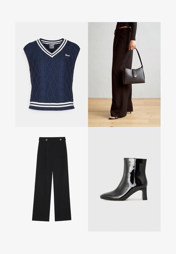 Jerseu fără mâneci, de culoare bleumarin, cu decolteu în formă de V, având un model de cabluri, accente albe la guler și tiv și logo-ul "Guess".; Pantaloni negri cu picioare largi, talie înaltă, detalii cu butoane pe talie și pliseuri în față.; Botine negre din piele lacuită, cu vârful ascuțit și toc bloc de înălțime medie. Textură netedă și design minimalist.; Genți negre cu o formă structurată, textură netedă și un închizător metalic. Asortată cu pantaloni negri largi și sandale cu vârf deschis pe un podea din lemn.
