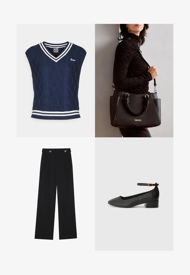 Navy knitted sleeveless sweater with a V-neck, featuring cable patterning, white stripe accents at the collar and hem, and "Guess" logo.; Black wide-leg trousers with high waist, button details on waistband, and front pleats.; Black leather pump with a pointed toe and a low block heel. Features an ankle strap with a gold-tone buckle. Smooth texture.; Black handbag with textured surface, dual top handles, and adjustable shoulder strap. Features gold-tone hardware and side pockets.