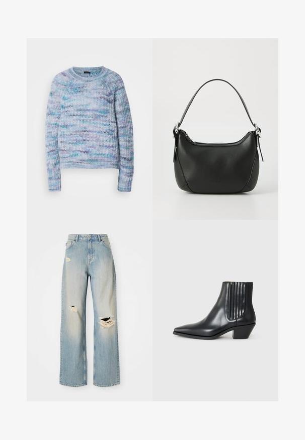 Strikket genser i lys blå, fiolett og aqua med en strukturert overflate, rund hals og ribbestrikkede mansjetter. Ingen synlige lukkinger.; Grå ermeløs polo topp, kroppsnært snitt, ribbet tekstur, glatt stoff, har høy krage og stilige skulderutskjæringer.; Lyseblå rett-sittende jeans med høy livhøyde, beltesløyfer, og slitasjeåpninger på venstre lår, høyre kne, og nederste venstre bein.; Sorte skinnankelsko med spiss tå, elastiske sidepaneler med vertikale groper, og en lav blokkhæl. Glatt tekstur og elegant design.; Svart skinnveske med en buet form, sølv glidelås og kort håndtak. Har en subtil logo på forsiden og glatt tekstur.