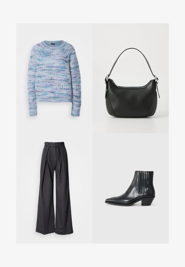 Sweter dzianinowy w jasnoniebieskim, fioletowym i morskim kolorze z fakturowaną powierzchnią, okrągłym dekoltem i ściągaczami u rękawów. Brak widocznych zapięć.; Szerokie czarne dżinsowe spodnie z wysokim stanem, z wykrojem z przodu i klasycznym zapięciem na suwak. Wyrazista, gładka textura o czystym wykończeniu.; Czarne skórzane botki za kostkę z wysmuklonym noskiem, elastycznymi bocznymi panelami z pionowymi rowkami oraz niskim blokowym obcasem. Gładka tekstura i elegancki design.; Czarna skórzana torebka o zaokrąglonym kształcie, z srebrnym zamkiem błyskawicznym i krótkim uchwytem. Posiada subtelne logo z przodu i gładką teksturę.