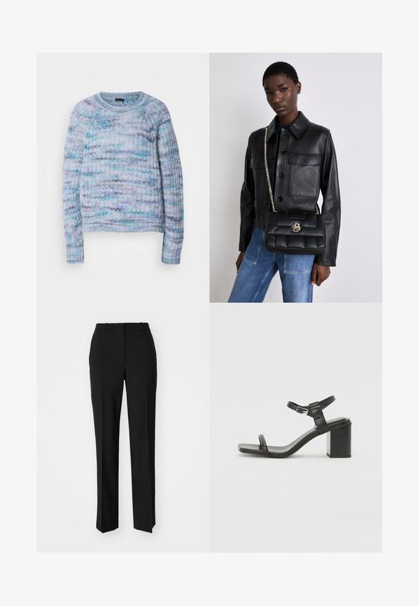Knitted sweater in light blue, violet, and aqua with a textured surface, crew neckline, and ribbed cuffs. No visible fastenings.; Black tailored trousers with a straight-leg design, featuring a smooth texture and crisp creases along the front. No visible hardware.; Black leather block-heeled sandal with a wide strap across the toe and an adjustable ankle strap, featuring a sleek, minimalist design.; Black leather jacket with button closure and two front pockets, paired with a black quilted handbag featuring a gold clasp and chain strap.
