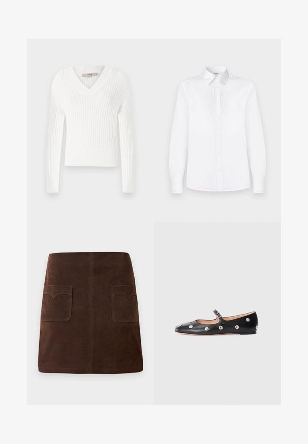 Weißer gerippter Strickpullover mit V-Ausschnitt, langen Ärmeln und cropped Design; verfügt über eine strukturierte Oberfläche und enganliegende Bündchen.; Weißes Langarmhemd aus glattem Stoff, mit einem Kragen und einer Knopfleiste mit hellrosa Knöpfen.; Brauer Wildlederrock im klassischen A-Linien-Schnitt, mit zwei vorderen Taschen mit abgerundeten Klappen und dezenten Nähten.; Schwarze Leder-Mary-Jane-Ballenflats mit runder Zehenform, ausgestattet mit silbernen runden Nieten und einem verstellbaren Riemen mit Schnalle.