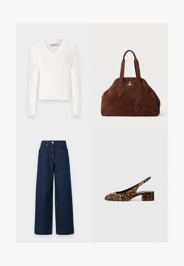 Valge soonikkoes kampsun V-kaelusega, pikkade varrukatega ja lühikese disainiga; omab tekstuurset viimistlust ja kehaümber lähedasi varrukaid.; Kõrgvöökohaga, tumesinised laiad teksad, millel on nööpide sulgemine, eestaskud ja vöökohahoidjad valgel taustal.; Naiste leopardimustriga slingback-kingad madala blokkninahaga ja kuldse klambriga külgjah. Kujutatud külgprofiilis lihtsal taustal.; Pruun nahast käekott, millel on struktureeritud kuju, ümar keha ja piklikud rombikujulised käepidemed. Varustatud hõbedase riistvaraga lukuga.