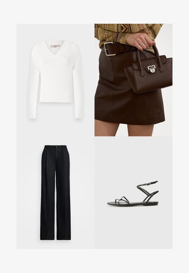 Maglione bianco a coste con scollo a V, maniche lunghe e design corto; presenta una finitura texture e polsini aderenti.; Pantaloni neri a gamba larga con finitura liscia, davanti piatto, passanti per cintura e chiusura a un bottone in vita.; Sandali neri piatti con più cinturini sottili e cinturino alla caviglia con una fibbia metallica. Materiale liscio con minimal imbottitura.; Borsa a mano in pelle marrone con finitura testurizzata e accessori in argento, tenuta con una mano accanto a una gonna in pelle marrone e un maglione a fantasia.