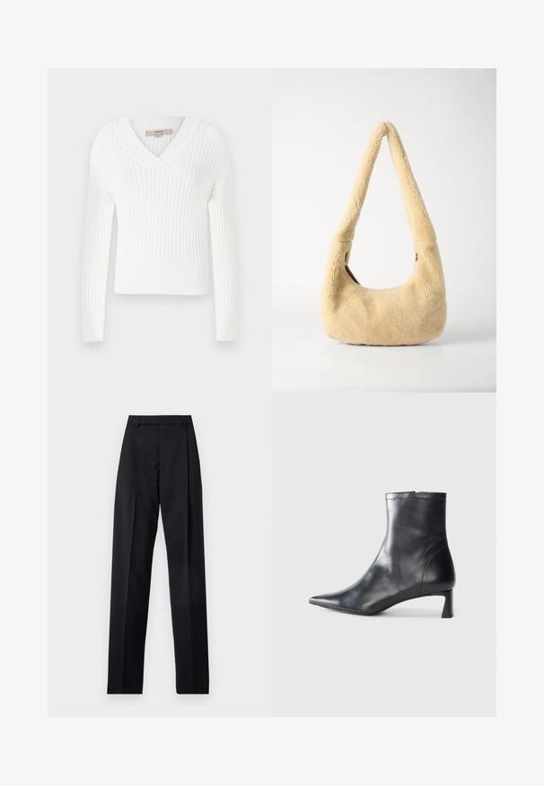 White ribbed knit sweater with a v-neck, long sleeves, and a cropped design; features a textured finish and fitted cuffs.; Black trousers made from smooth fabric featuring a high waist, wide legs, front pleats, and classic belt loops. No side pockets visible.; Black leather ankle boot with a pointed toe and a sleek design. Features a low heel and a zipper closure at the back. Smooth texture.; Beige shearling shoulder bag with a curved handle and a rounded shape. The texture is soft and plush, featuring minimal hardware accents.