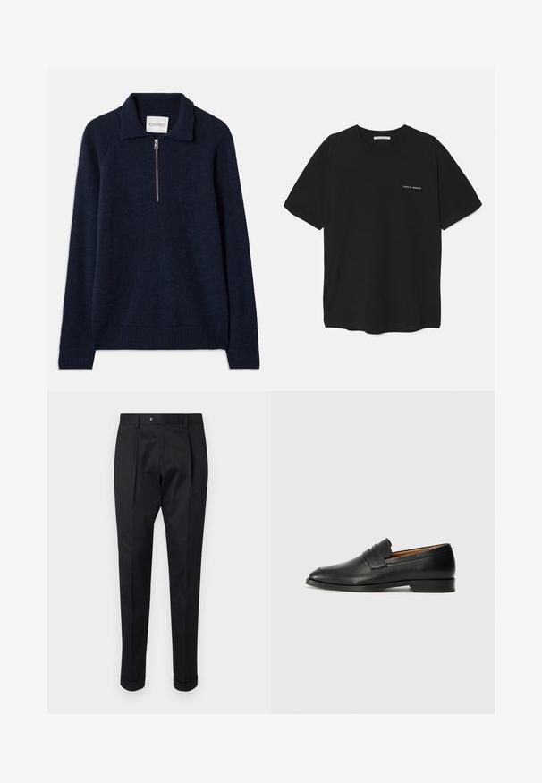 Navy blue pullover sweater with a zip collar, made of a soft knit material. Features raglan sleeves and ribbed cuffs and hem.; Black cotton T-shirt with a crew neck, short sleeves, and a white logo print on the left chest. Simple, solid color design.; Black trousers made of a smooth fabric, featuring a fold at the front, a button closure, and rolled cuffs at the ankle.; Black leather loafer with a rounded toe, subtle stitched detailing, and a low heel, featuring a smooth texture and minimalist design.