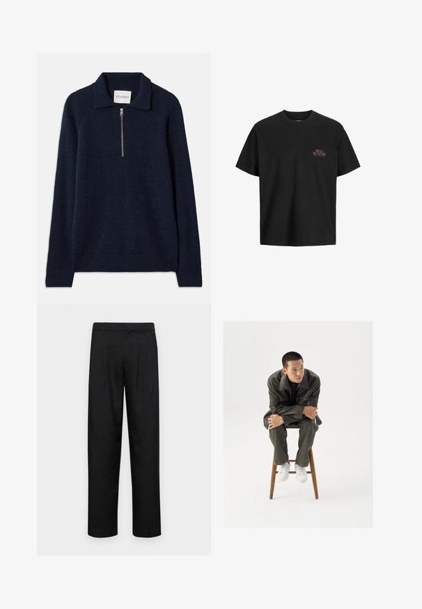 Tumesinine pehme kudumiga pealelõige, millel on tõmblukk kaeluses. Omab raglanvarrukaid ning ribakujulised mansetid ja allserva.; Musthave musta puuvillane T-särk, millel on mugav lõige, ümar kaelus ja lühikesed varrukad. Vasakul rinnal on väike, tekstuuriga oranž graafika.; Mustad mustadest riietest, millel on sirge jalgade disain, kaks eesmist voltimist ja tavaline vöökoht, millel on vöökohad.; Pruun nahkjope laia kraega, sobitatud tumeroheliste teksade ja valgete tennistega. Mudel istub puidust taburetil.