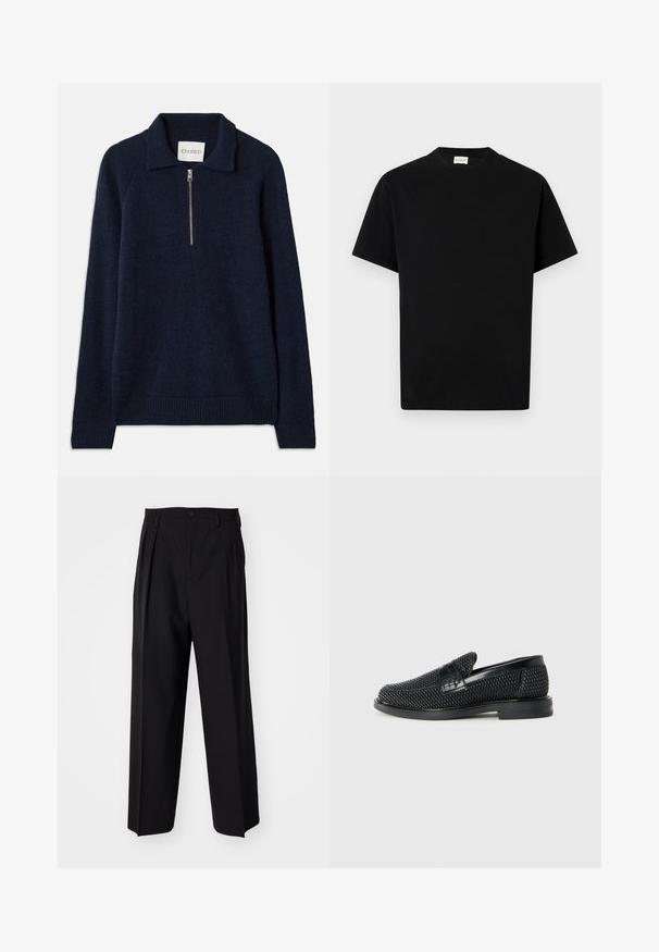 Navyblauwe pullovertrui met ritskraag, gemaakt van een zachte gebreide stof. Heeft raglanmouwen en ribgebreide manchetten en onderrand.; Zwarte katoen t-shirt met ronde hals, korte mouwen en rechte snit. Geen zichtbare patronen of hardwaredetails.; Zwarte geplooide broeken met een rechte, brede pijpontwerp. Gemaakt van soepele stof, met een knoopsluiting en riemlussen.; Zwartegeweven instap schoenen met een glad leren accent aan de bovenkant, een ronde neusontwerp en een laag profiel rubberen zool.