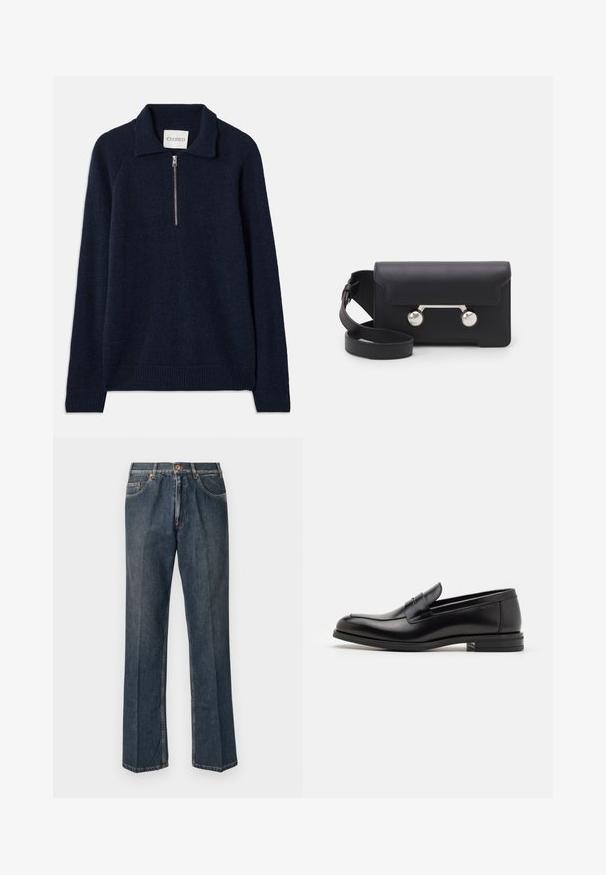 Pulover bleu marin cu guler cu fermoar, realizat dintr-un material tricotat moale. Include mâneci raglan și tivuri și manșete cu model ondulat.; Jeans din denim drept, de culoare albastră închisă, cu nasture frontal, fermoar, două buzunare frontale și cute verticale vizibile pe picioare.; Mocasini din piele neagră cu o textură netedă, vârf rotund și o curea decorativă peste partea superioară. Toc mic, design minimalist.; Geantă din piele neagră, tip crossbody, cu închidere prin clapetă, accesorii din metal de culoare argintie și două accente rotunde. Dispune de o curea detașabilă. Textură netedă.