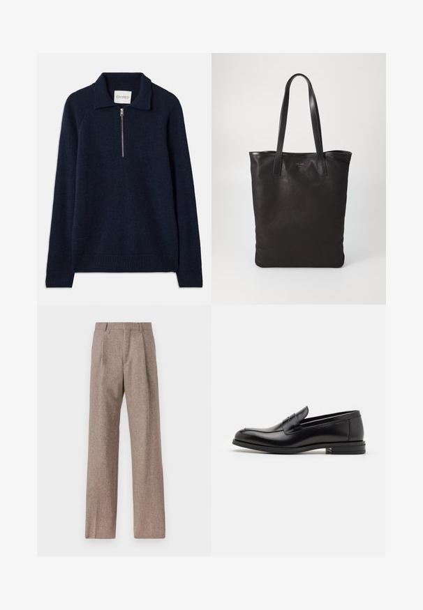 Temno modra pulover jopica z zadrgo pri ovratniku, izdelana iz mehke pletene tkanine. Ima raglan rokave ter rebraste manšete in rob.; Rjave hlače z visokim pasom, izdelane iz teksturirane tkanine. Imajo široke noge in dve sprednji pregibi za strukturo. Urejen zaključek brez vidne strojne opreme.; Črne usnjene loafer čevlje z gladko teksturo, zaobljenim nosom in dekorativnim trakom čez zgornji del. Nizka zložena peta, minimalističen dizajn.; Črna platnena torba s črnimi usnjenimi ročaji. Preprost dizajn, prostorna notranjost in gladka tekstura. Brez vidnih logotipov ali vzorcev.