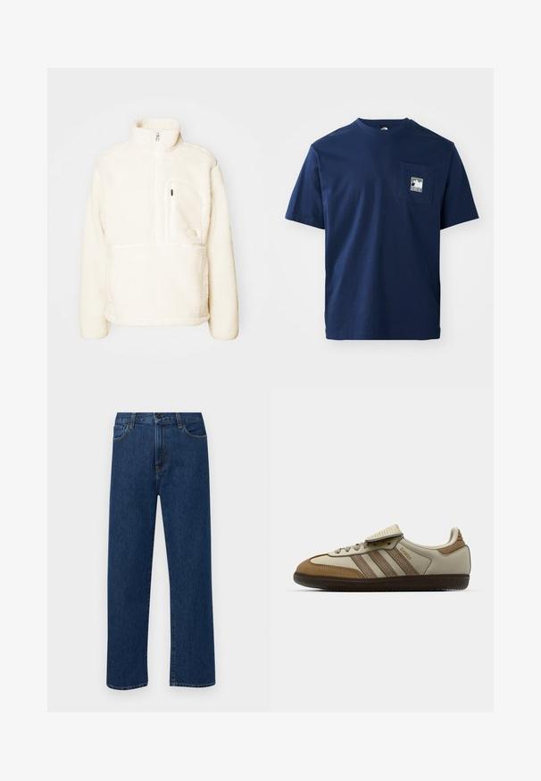 The North Face EXTREME - Fleece jumper - white dune; The North Face MOUNTAIN LOGO RELAXED POCKET TEE - Basic T-shirt - summit navy; Dark blue straight-leg denim jeans with front pockets and a button closure, displayed on a plain white background.; Brown and cream athletic shoe with three beige stripes, suede and leather materials, lace-up design, and rubber sole. Text logo on side.