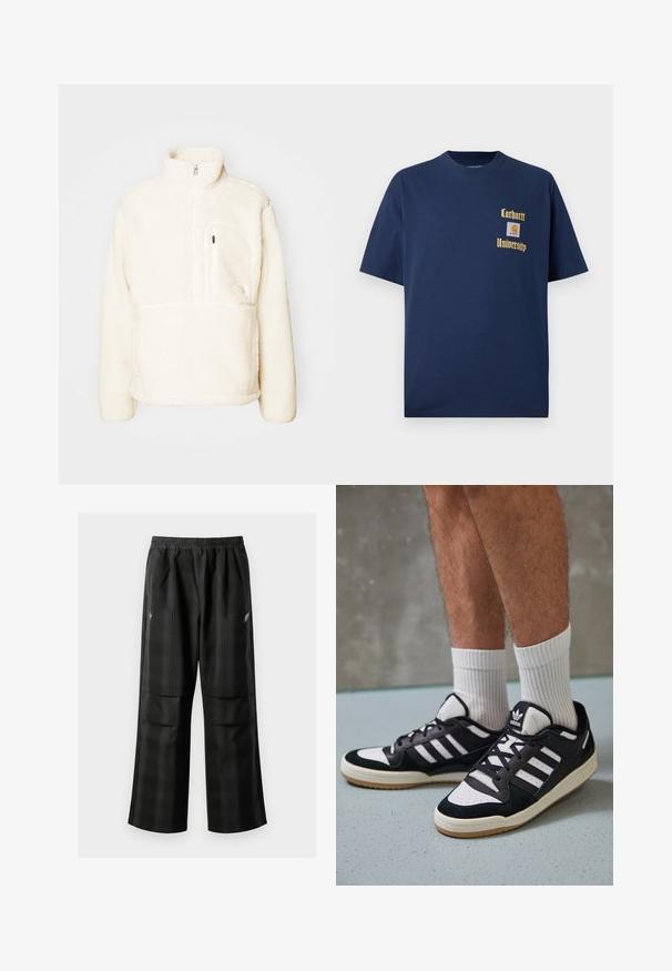 The North Face EXTREME - Fleecová mikina - white dune; Námořnická modrá bavlněná tričko s krátkým rukávem, se zlatým textem "Carhartt University" a nášivkou na levé hrudi.; Černé kostkované kalhoty s elastickým pasem, dvěma předními kapsami a volným střihem se rovnými nohavicemi. Vyrobeny z lehkého materiálu.; Černobílé tenisky s vrchní částí z semišové a kožené kůže, včetně tří bílých pruhů, perforovaného špičky a podrážky z gumy.