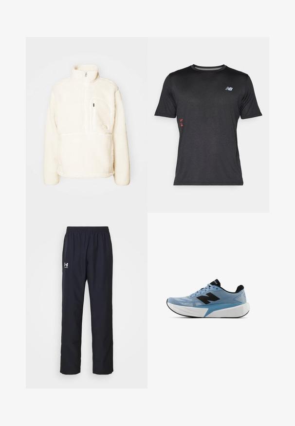 The North Face EXTREME - Flīsa džemperis - white dune; New Balance ATHLETICS GRAPHIC - Sporta krekli - black; Melni sporta bikses, izgatavotas no sintētiskā materiāla, ar elastīgu jostu un Under Armour logo baltā krāsā kreisajā augšstilbā.; Gaiši zili sporta apavi ar melnu logo, biezu baltu zoli un melnu iekšējo oderi, redzami no sāna uz baltā fona.