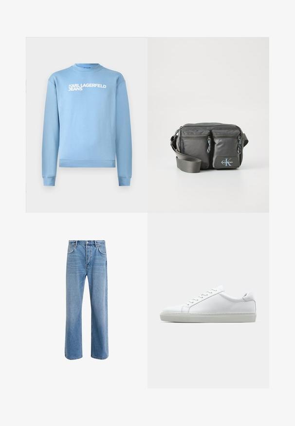Blå hettegenser laget av bomullsblanding, har rund hals, lange ermer, og hvit trykt tekst "KARL LAGERFELD JEANS" på forsiden.; Lys blå denimjeans med rett ben-design, fem lommer, knappeåpning, minimal falming og kontrasterende sømdetaljer.; Hvit sneakers med en glatt skinnoverdel og lav profil. Har en rund tå, seks snøring hull, og en teksturert gummisåle.; Grå nylon crossover-veske med to glidelåslommer foran, justerbar stropp og logoaccent. Glatt tekstur med et moderne design.