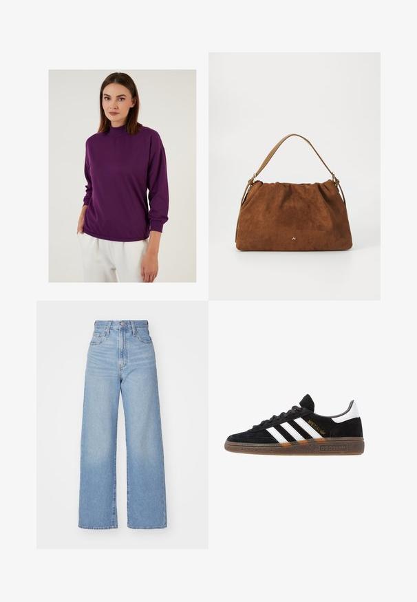 Purple, long-sleeve pullover with a high neckline and ribbed cuffs. Soft texture, loose fit, and slight stretch for comfort.; Light blue high-waist wide-leg jeans with front button and zip closure, front and back pockets, on a white background.; Black Adidas sneaker with white stripes, gold "Spezial" text, gum sole, and white heel tab, shown in profile view.; Brown suede handbag with a gathered design, featuring a single tan leather strap and a subtle gold logo detail on the front.