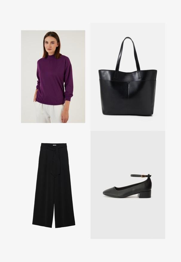 Fialový, dlhý rukáv pulóver s vysokým golierom a rebrovanými manžetami. Mäkkučký materiál, voľný strih a mierne elastický pre pohodlie.; Čierne široké nohavice s textúrovanou tkaninou, elastickým pásom a odnímateľným viazaním na páse pre nastaviteľné priliehanie.; Čierne kožené lodičky s špicatou špičkou a nízkym blokovým podpätkom. Obsahuje remienok okolo členka so zlatým prackou. Hladký povrch.; Čierna kožená tote taška s dvoma dlhými rúčkami, hladkým povrchom a štruktúrovaným tvarom. Obsahuje prednú kapsu pre dodatočné uskladnenie.
