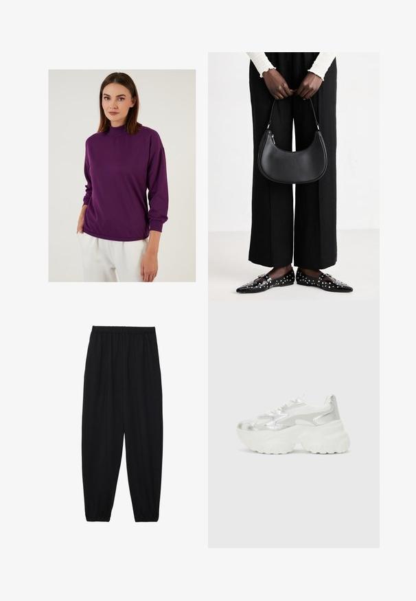Suéter morado de manga larga con un cuello alto y puños acanalados. Textura suave, corte holgado y ligero estiramiento para mayor comodidad.; Pantalones negros, ligeros, con cintura elástica y tobillos fruncidos. La tela es suave y presenta un diseño relajado y ajustado.; Zapatilla de plata con una parte superior de malla texturizada y acentos iridiscentes, que cuenta con una suela blanca gruesa y cierre de cordones.; Bolso de hombro de cuero negro con forma redondeada, acabado brillante y herrajes plateados. Persona vistiendo pantalones anchos negros y mocasines con tachuelas.