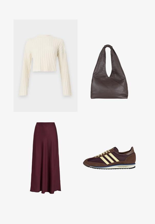 Ustřižený krémový svetr s vertikálním žebrováním, dlouhými rukávy a jednoduchým kulatým výstřihem. Měkká textilie.; Burgundská saténová maxi sukně s hladkým povrchem, vysokým pasem a splývavým siluetem, které se jemně rozšiřuje směrem k lemování.; Hnědé a burgundské tenisky z semiše a síťoviny, s třemi krémovými pruhy, texturovaným materiálem na jazyku a gumovou podrážkou.; Hnědá kožená taška s uvolněným, přeplněným designem. Disponuje smyčkovou rukojetí a hlubokým V-výřezem pro snadný přístup. Měkká textura, minimalistický styl.