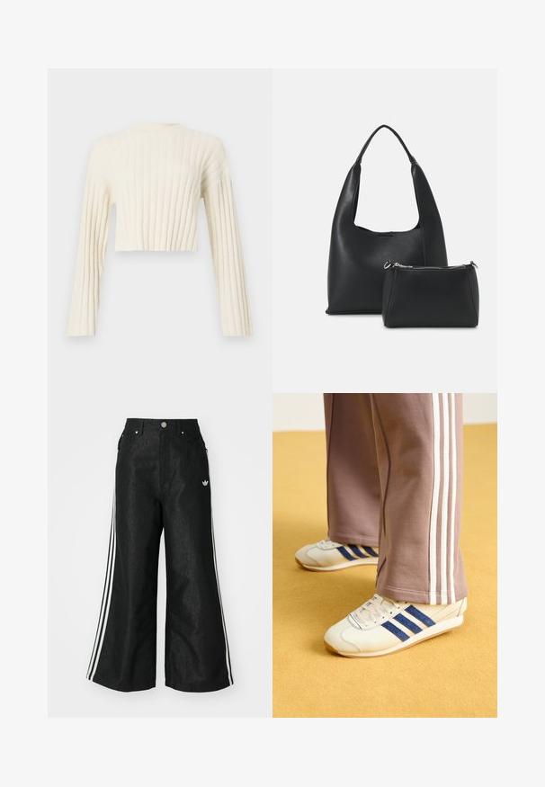 Cropped cream sweater with vertical ribbed texture, long sleeves, and a simple round neck design. Soft fabric finish.; Black wide-leg denim pants with three white stripe accents on each side and a small white logo. Features front pockets and a button closure.; Cream sneakers with blue suede stripes, white laces, and a rubber sole. Paired with gray sweatpants featuring white side stripes.; Even&Odd Handbag - black