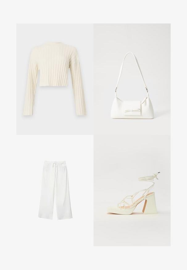 Skórzana, krótka sweterek w kolorze kremowym z pionowym prążkowym wzorem, długimi rękawami i prostym okrągłym dekoltem. Miękka faktura materiału.; Białe spodnie szerokie z miękkiego materiału, z elastycznym pasem i dwoma przednimi kieszeniami. Gładka tekstura i brak widocznych wzorów.; Biała sandał na wysokim obcasie z masywnym słupkiem, z paskowym wzorem i wiązaniem przy kostce. Gładka faktura z platformą z przodu dla dodatkowej wysokości.; Biała syntetyczna torba o trójkątnym kształcie, płaskim przednim klapce i detalach w postaci kokardy, regulowanym pasku, gładkiej fakturze oraz minimalistycznym designie.
