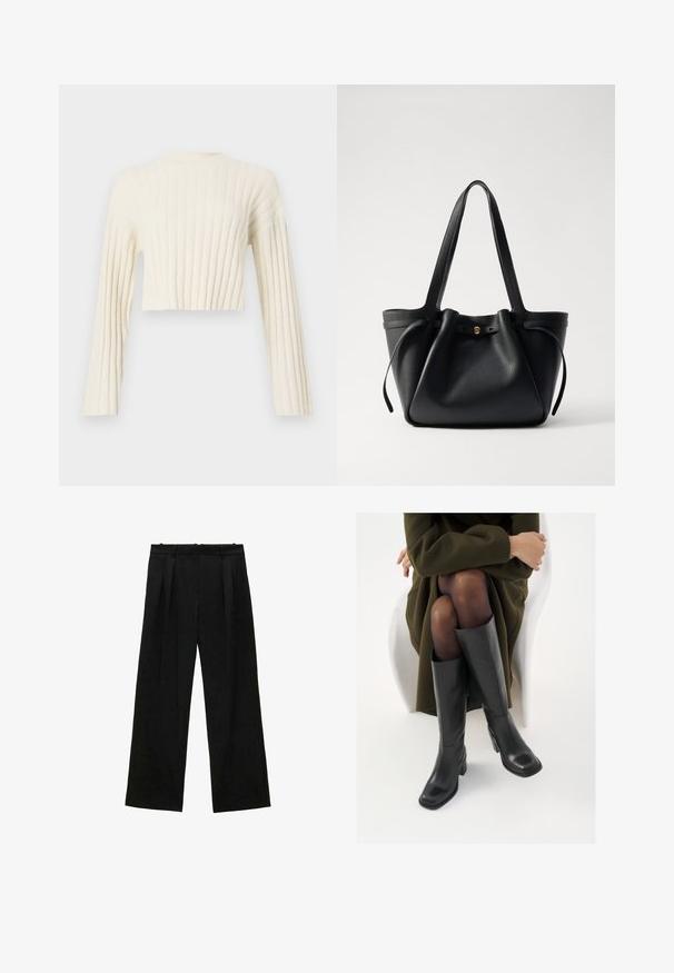 Skrotený svetre v krémovej farbe s vertikálnou rebrovou štruktúrou, dlhými rukávmi a jednoduchým okrúhlym výstrihom. Mäkko tkaný povrch.; Čierne široké nohavice s skladmi, s hladkou textúrou a vysokým pásom. Minimalistický štýl, žiadne viditeľné kovania ani ozdoby.; Čierne kožené čižmy po kolená so štvrtým prstom a blokovým opätkom, zobrazené s modelom sediacim v olivovo zelenej bunde. Hladká textúra, minimálne detaily.; Čierna kožená taška na rameno s dvoma dlhými popruhmi, sťahovaným vrcholom a zlatým kruhovým akcentom. Hladký povrch s minimalistickým dizajnom.