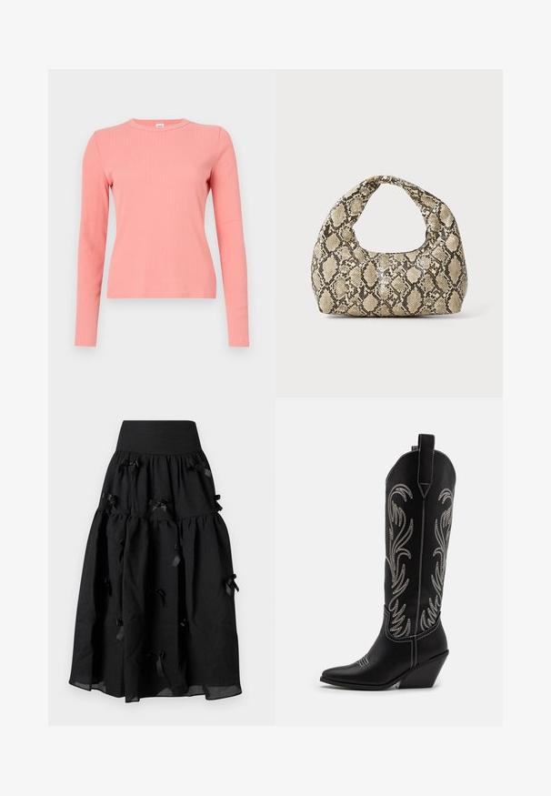 Pitkähihaisessa, ribatusta neulottu yläosassa on pehmeä koralli. Siinä on pyöreä kaula-aukko ja tiukka siluetti, jossa on sileä rakenne ja minimalistinen muotoilu.; Sister Jane BIRDIE BOW MIDI SKIRT - A-linjainen hame - black; Mustat nahkasaappaat cowboy-tyyliin, joissa on terävät varpaat, viistot korot ja hopeiset brodeeratut kukkakuviot varressa. Eroava ompelu koko saappaassa.; Käärmeennahkakuosiset käsilaukku, jossa on kaareva kahva. Tehty teksturoiduista beigeistä ja ruskeista materiaaleista, joissa on erottuva timanttikuvio.